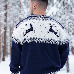 Navy blue oversized Christmas sweater with reindeers for men made of wool