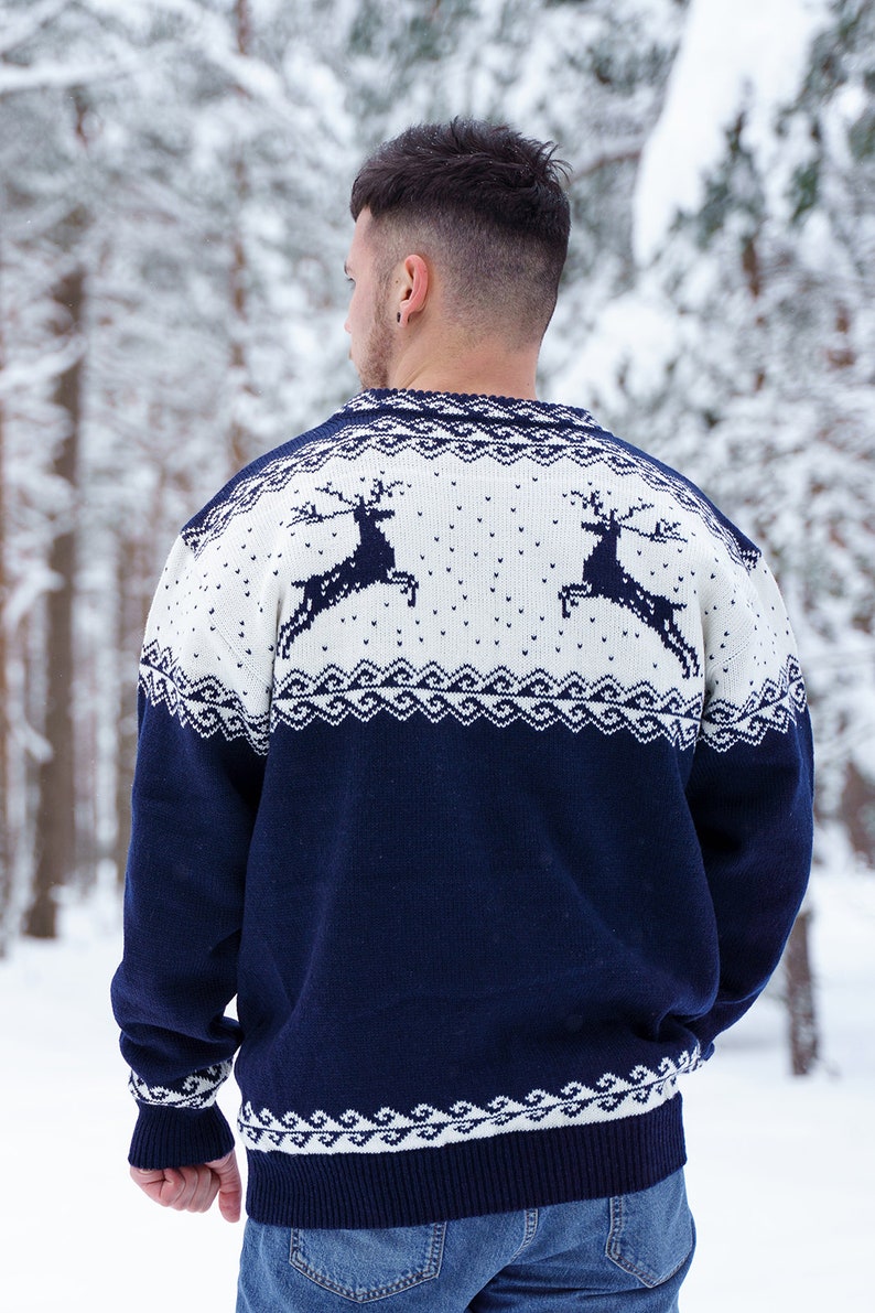 Navy blue oversized Christmas sweater with reindeers for men made of wool