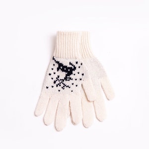 Wool Gloves With Reindeers, Christmas Gift, Unisex Winter Gloves White