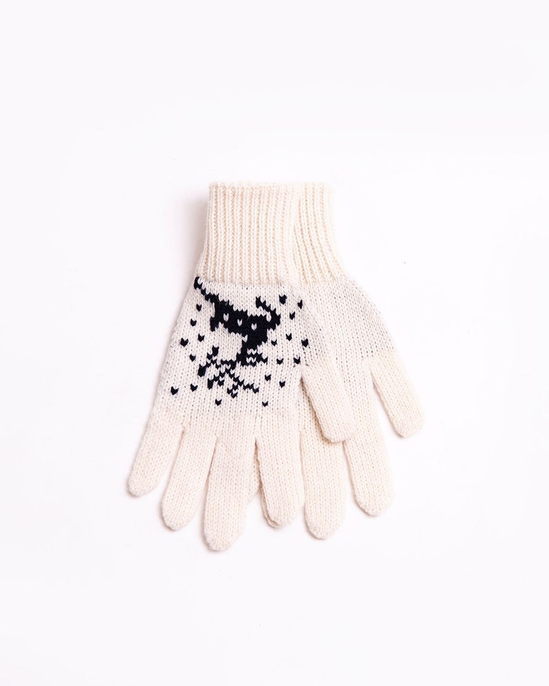 Wool Gloves With Reindeers, Christmas Gift, Unisex Winter Gloves White