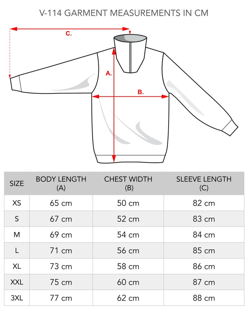 Peut inclure: Un tableau des tailles pour un v&ecirc;tement avec des mesures de longueur du corps, de largeur de poitrine et de longueur des manches en centim&egrave;tres. Le tableau comprend les tailles XS, S, M, L, XL, XXL et 3XL.