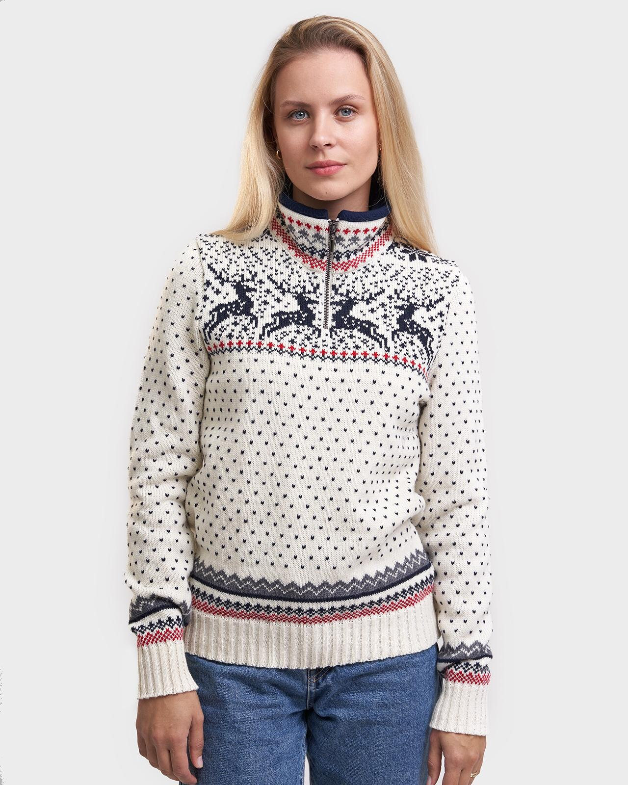 Wool Christmas Sweater With Reindeers, Gift For Women, Knitted Winter Jumper With Zipper, Warm Pure Wool Traditional Scandinavian Pullover