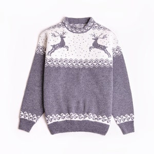 Grey oversized Christmas sweater with reindeers for men made of wool