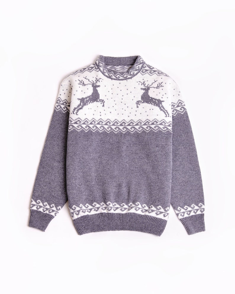 Grey oversized Christmas sweater with reindeers for men made of wool