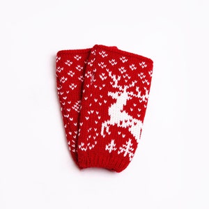 Woolen Mitts With Reindeers, Fingerless Gloves, Christmas Gift