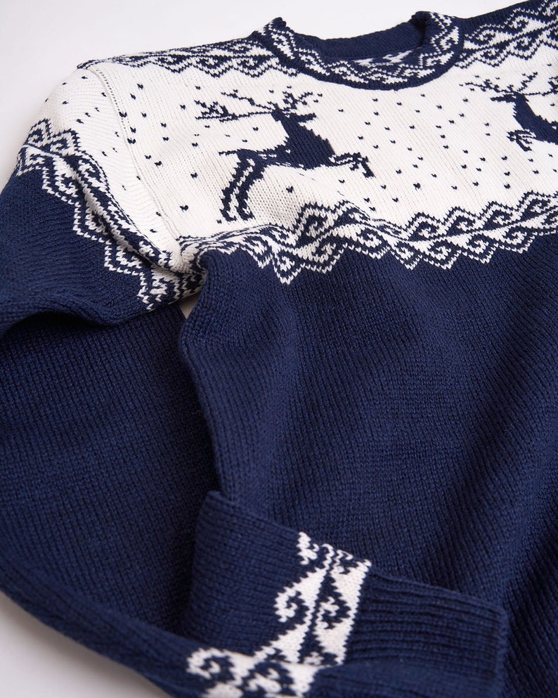 Navy blue oversized Christmas sweater with reindeers winter design  for men made of wool