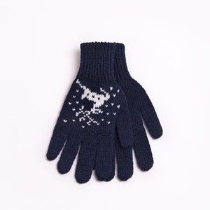 Wool Gloves With Reindeers, Christmas Gift, Unisex Winter Gloves Navy