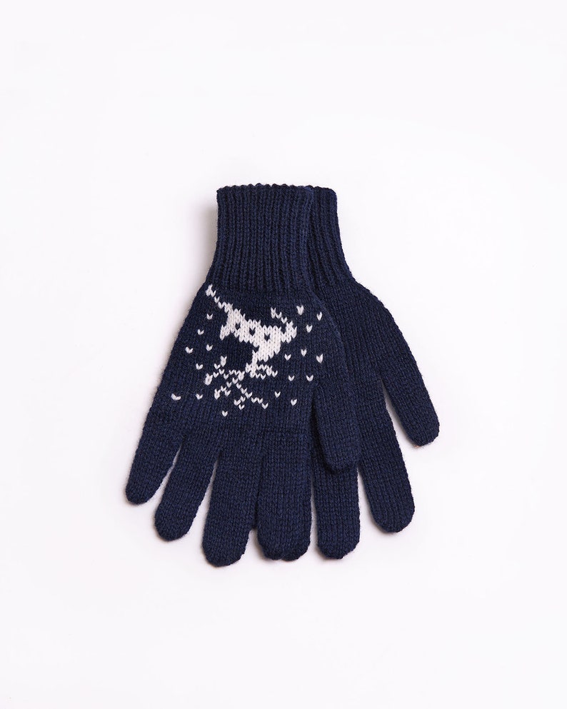Wool Gloves With Reindeers, Christmas Gift, Unisex Winter Gloves Navy