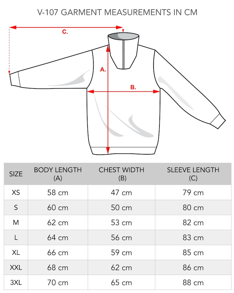 May include: A size chart for a garment with measurements for body length, chest width, and sleeve length in centimeters. The chart includes sizes XS, S, M, L, XL, XXL, and 3XL.