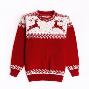 Red oversized Christmas sweater with reindeers for men made of wool