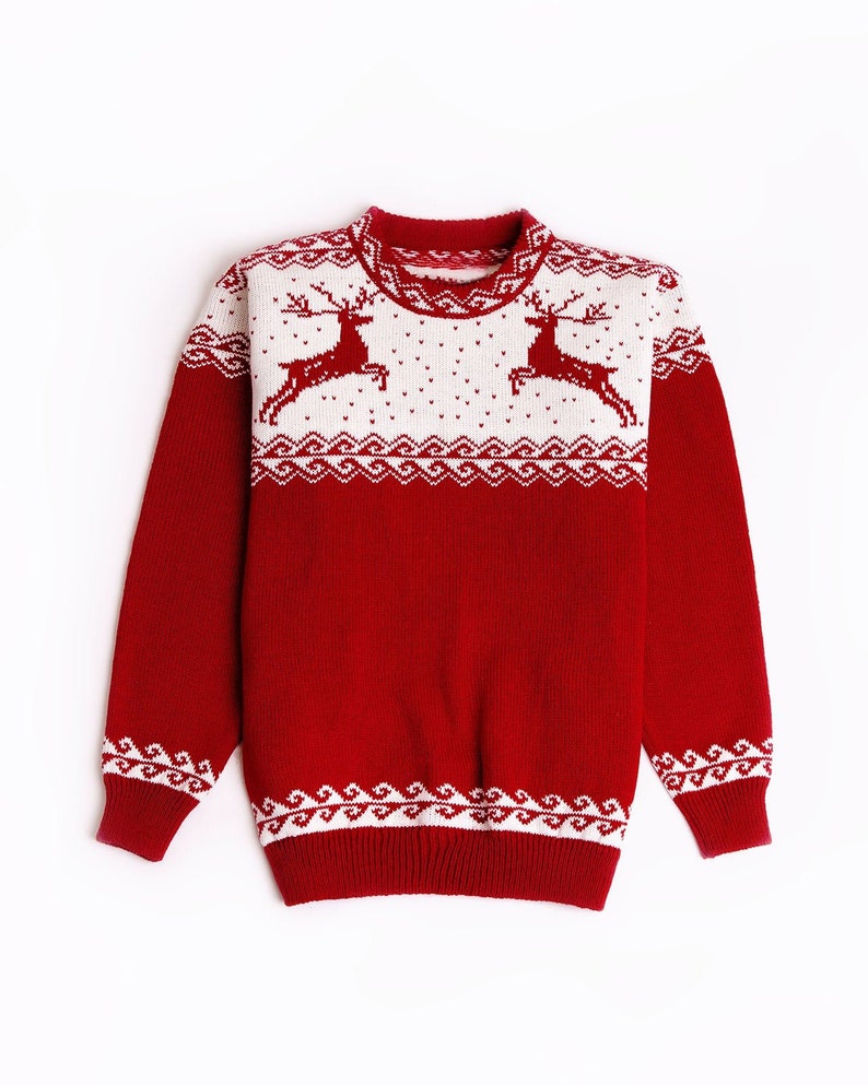 Red oversized Christmas sweater with reindeers for men made of wool