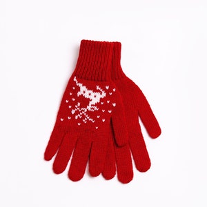 Wool Gloves With Reindeers, Christmas Gift, Unisex Winter Gloves Red