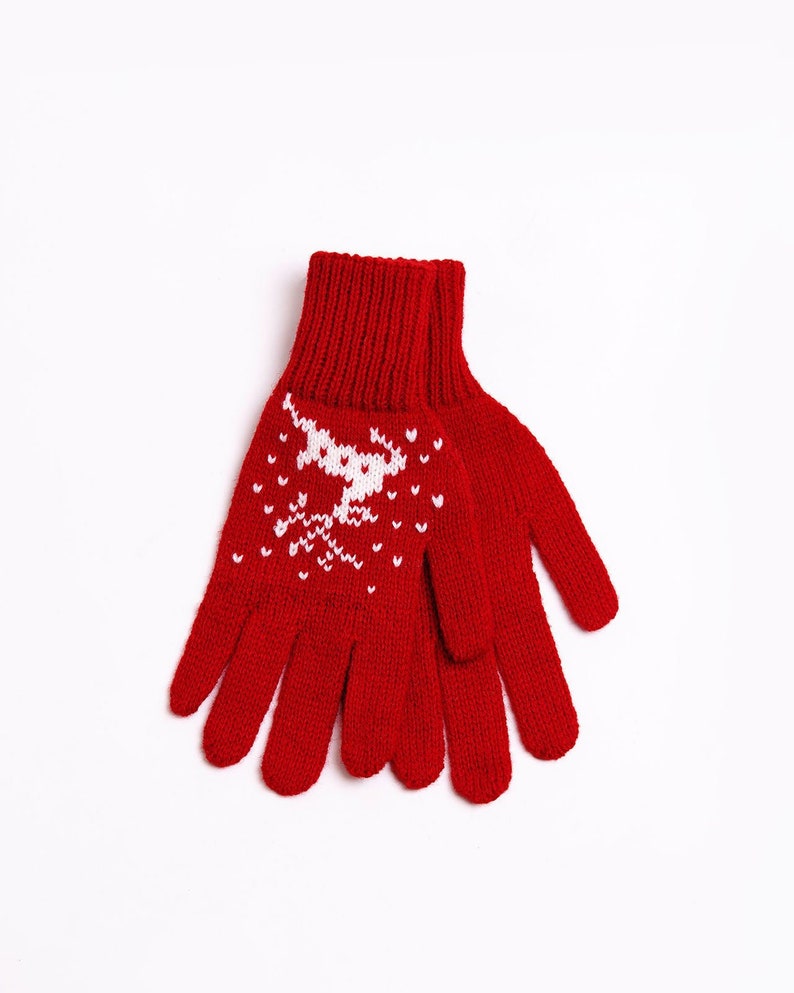 Wool Gloves With Reindeers, Christmas Gift, Unisex Winter Gloves Red