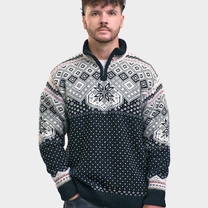 Men&#39;s Wool Zip-Necked Sweater: Nordic Knitted Norwegian Style Jumper