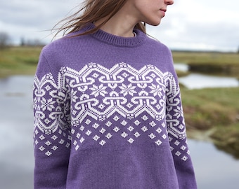 Women's Crew Neck Sweater, Purple Sweater, Jumper with Ornament