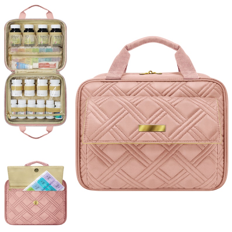 StarPlus2 Large Quilted Medicine and Toiletry Travel Bag, Pill Bottle Organizer Pink