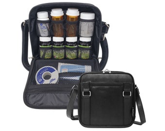 StarPlus2 Middelgrote pillenflesorganizer, portemonnee, medicijntas, etui, drager voor medicijnen - voor thuisopslag en reizen - Zwart PU-leer