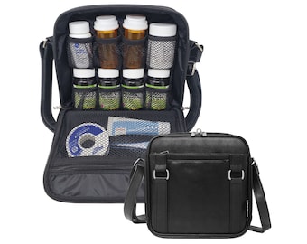 Bolsa organizadora de medicamentos 2 en 1 de cuero sintético negro: porta pastillas de viaje