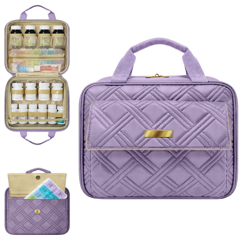 StarPlus2 Large Quilted Medicine and Toiletry Travel Bag, Pill Bottle Organizer Lavender