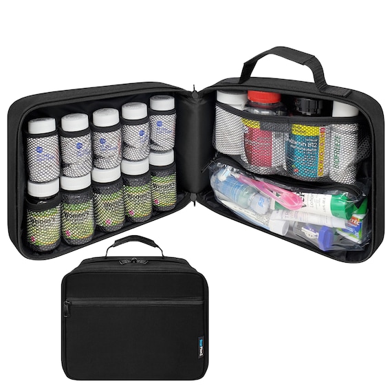 Large Padded Pill Bottle Organizer, Medicine Bag, Case for Medications,  Vitamins, and Medical Supplies With Fixed Pockets 