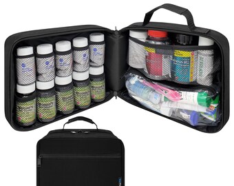 Large Padded Pill Bottle Organizer, Medicine Bag, Case for Medications, Vitamins, and Medical Supplies with Fixed Pockets - Black