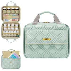 StarPlus2 Large Quilted Medicine and Toiletry Travel Bag, Pill Bottle Organizer Mint