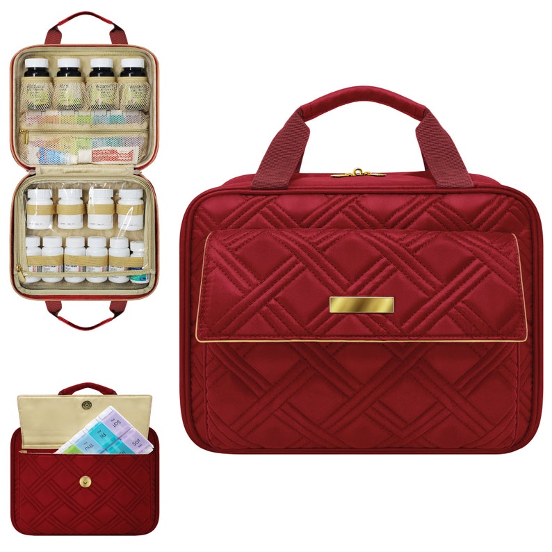 StarPlus2 Large Quilted Medicine and Toiletry Travel Bag, Pill Bottle Organizer Red Wine