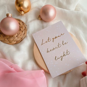 Let Your Heart Be Light Christmas Card // A6 greetings card, gold foiled typography lyric holiday card, final design, song handwriting