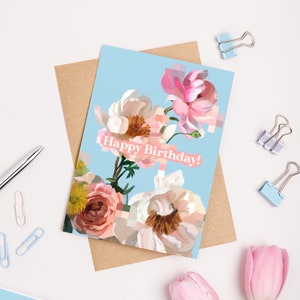 Happy Birthday Floral Card // a6 greetings card, botanical painting, pastel stationery gift