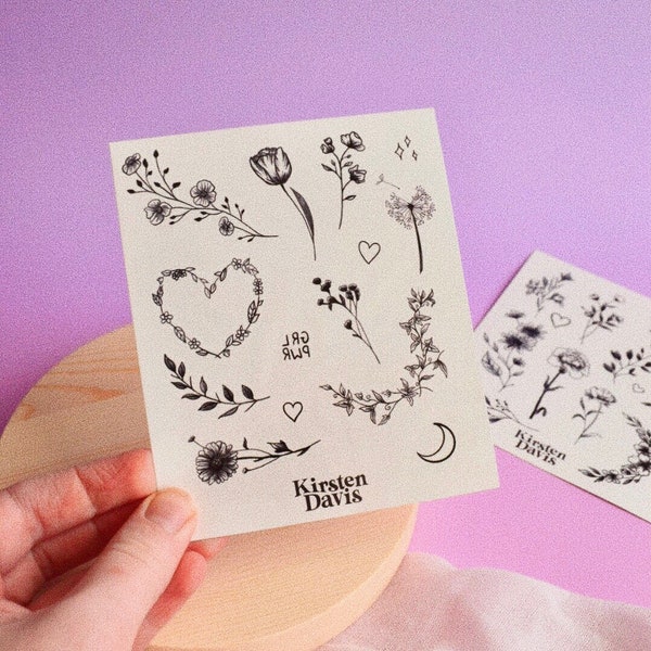 Girl Power Temporary Tattoo Sheet // 14 designs, botanical floral skin art, boho gift, fake tattoos, wedding party favours, Galentine's Day