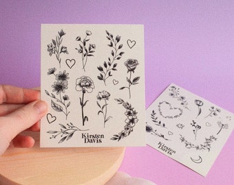 Hoja de tatuajes temporales florales // 13 diseños, tatuajes botánicos, arte de la piel, regalo para ella, tatuajes falsos, favores de fiesta de bodas, Galentine's