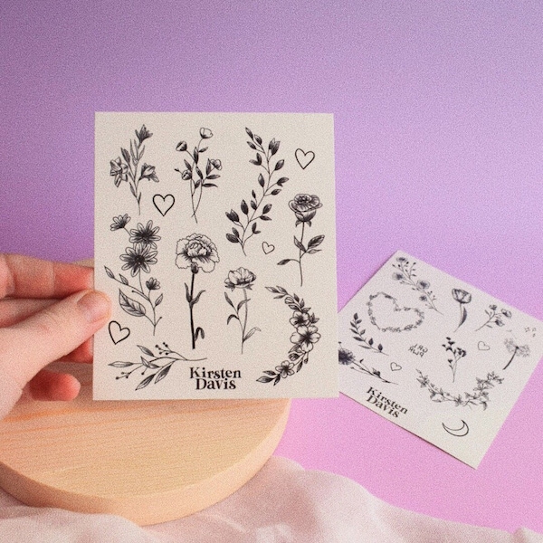 Floral Temporary Tattoo Sheet // 13 designs, botanical tattoos, skin art, gift for her, fake tattoos, wedding party favours, Galentine's