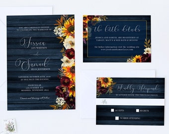RUSTIC NAVY Sunflower Wedding Invite Set-Wedding Invitation Set-Rustic Wedding-Fall Wedding Decor-Sunflower Digital Download-SBFN2