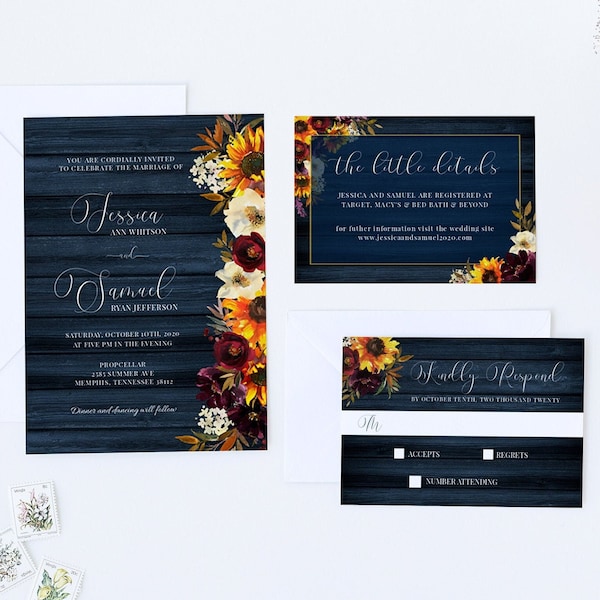 RUSTIC NAVY Sunflower Wedding Invite Set-Wedding Invitation Set-Rustic Wedding-Fall Wedding Decor-Sunflower Digital Download-SBFN2