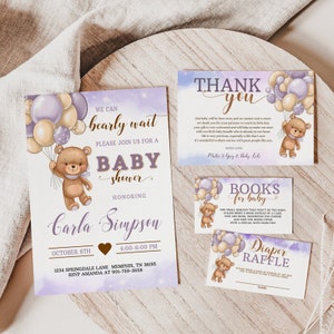 We Can Bearly Wait Invitation Set, Editable Girl Baby Shower Invite Template,Diaper Raffle Ticket, Books for Baby Card, LTBS1