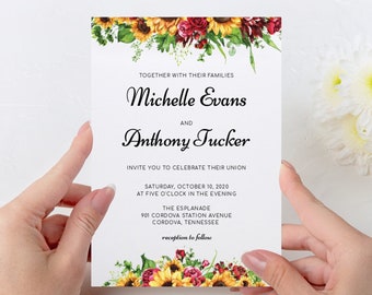 Sunflowers and Roses Wedding Invitation, Rustic Sunflower Wedding Invitations, Sunflower Wedding Decor, Instant Download, SRW10