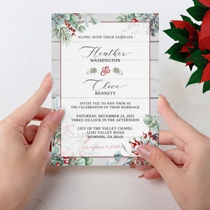 Rustic Christmas Wedding Invitation Template-Winter Wedding Invitations-Holly Berries & Pine Wedding Invite-Winter Wedding Decor-CEWW1