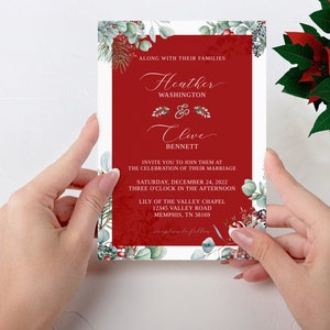 Elegant Christmas Wedding Invitation Template - Holly Berries & Pine Wedding Invite - Winter Wedding Invitations - December Wedding - CEOR1