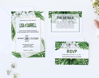 Tropical Wedding Invitation Set, Tropical Wedding Invite Suite, Details Card, Wedding RSVP Card, Thank You Card, Digital Download, TG100
