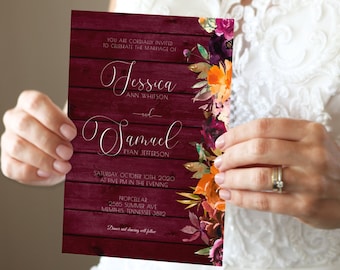 Autumn Florals Wedding Invitation Template-Fall Wedding Invitation-Burgundy Floral Wedding Invitations-Digital Download-Templett-AFC10