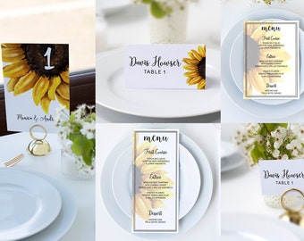 Sunflower Wedding Dinner Decor,Table Number Sign,Wedding Place Cards,Wedding Menu Cards, Rustic Wedding Table Decor, Digital Download, S900