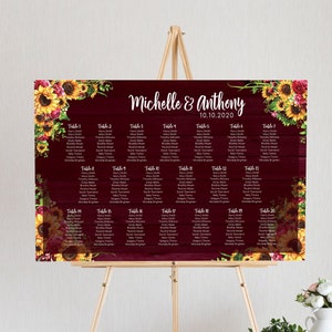 Burgundy Sunflowers and Roses Wedding Seating Chart Printable- Rustic Seating Chart-Reception Sign-Seating Chart-Digital Download-SRB10