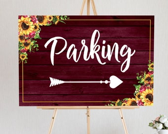 Burgundy Sunflowers and Roses Wedding Parking Sign Printable,Rustic Wedding Direction Sign,Parking This Way,Sunflower Wedding Signs,SRB10