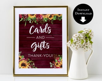 Burgundy Sunflowers and Roses Cards and Gifts Sign-Gift Table Sign-Rustic Wedding Decor-Bridal Shower Sign-Instant Download-SRB10