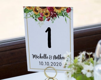 Lovely Sunflowers and Roses Wedding Table Number Sign Template -Table Number Cards-Rustic Wedding Decor-Wedding Table Decor-SRW10