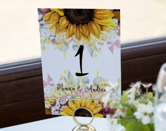 Fall Sunflower Wedding Table Number Card,Table Number Sign,Wedding Place Cards,Rustic Wedding Decor,Fall Wedding Decor,SF100