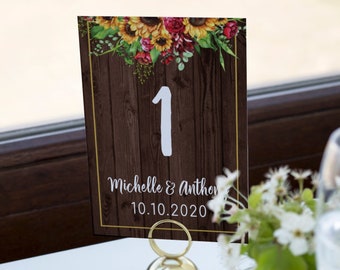 Rustic Barn Wood Sunflowers and Roses Wedding Table Number Sign Template -Table Number Cards-Rustic Wedding Decor-Wedding Table Decor-SRD10