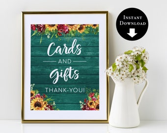 Teal Sunflowers and Roses Cards and Gifts Sign-Gift Table Sign-Rustic Wedding Decor-Bridal Shower Sign-Instant Download-SRT10