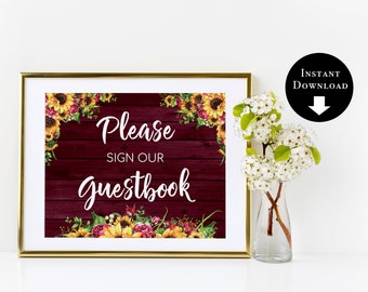 Burgundy Sunflowers and Roses Please Sign Our Guestbook Sign-Sunflower Sign-Guestbook Sign Printable-Wedding Guest Book Sign-SRB10