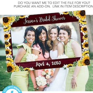 Burgundy Sunflower Bridal Shower Selfie Frame - Rustic Photo Booth Frame - Sunflower Photo Prop  - Bridal Shower Backdrop - RBS1
